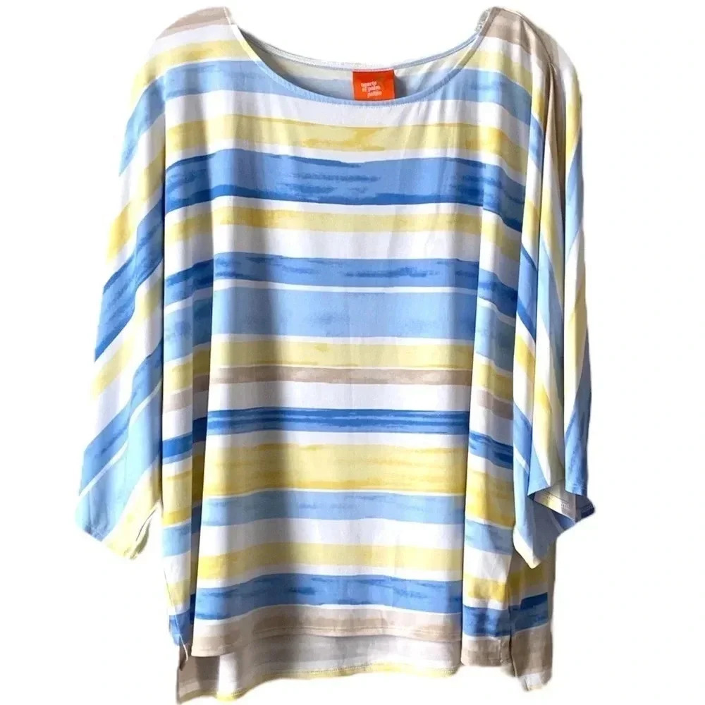 HEART OF PALM | Stripped Stretch Beach Top with Slit Dolman 3/4 Sleeves Size PXL